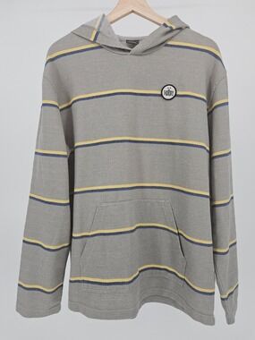 Hurley Gray Yellow Blue Striped Hooded Pullover Sweater Large